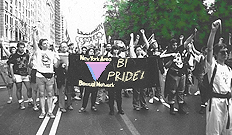 New York Area Bisexual Network (NYABN) the NYC LGBT Pride Parade giving a Bi Pride Salute